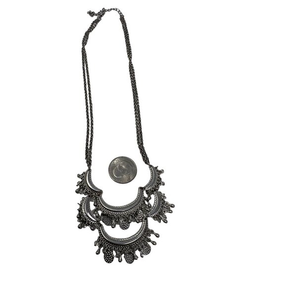 Statement Egyptian Necklace Silver Tone Moon Shaped Stations with Hanging Beads - Picture 2 of 9